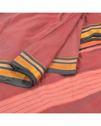 Sanskriti Vintage Indian Sarees Blend Cotton Woven Ilkal Premium Sari Fabric, PS-57392-Shade Of Dark Red &amp; Pink-Hand Woven Work-Blend Cotton-2