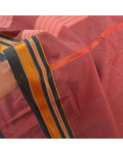 Sanskriti Vintage Indian Sarees Blend Cotton Woven Ilkal Premium Sari Fabric, PS-57392-Shade Of Dark Red &amp; Pink-Hand Woven Work-Blend Cotton-5