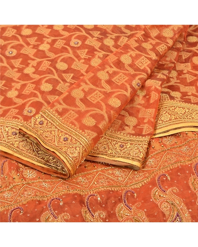 Sanskriti Vintage Orange Sarees Organza Hand Beaded Woven Ethnic Sari Fabric, PS-57396-Orange-Beaded Work-Organza-2