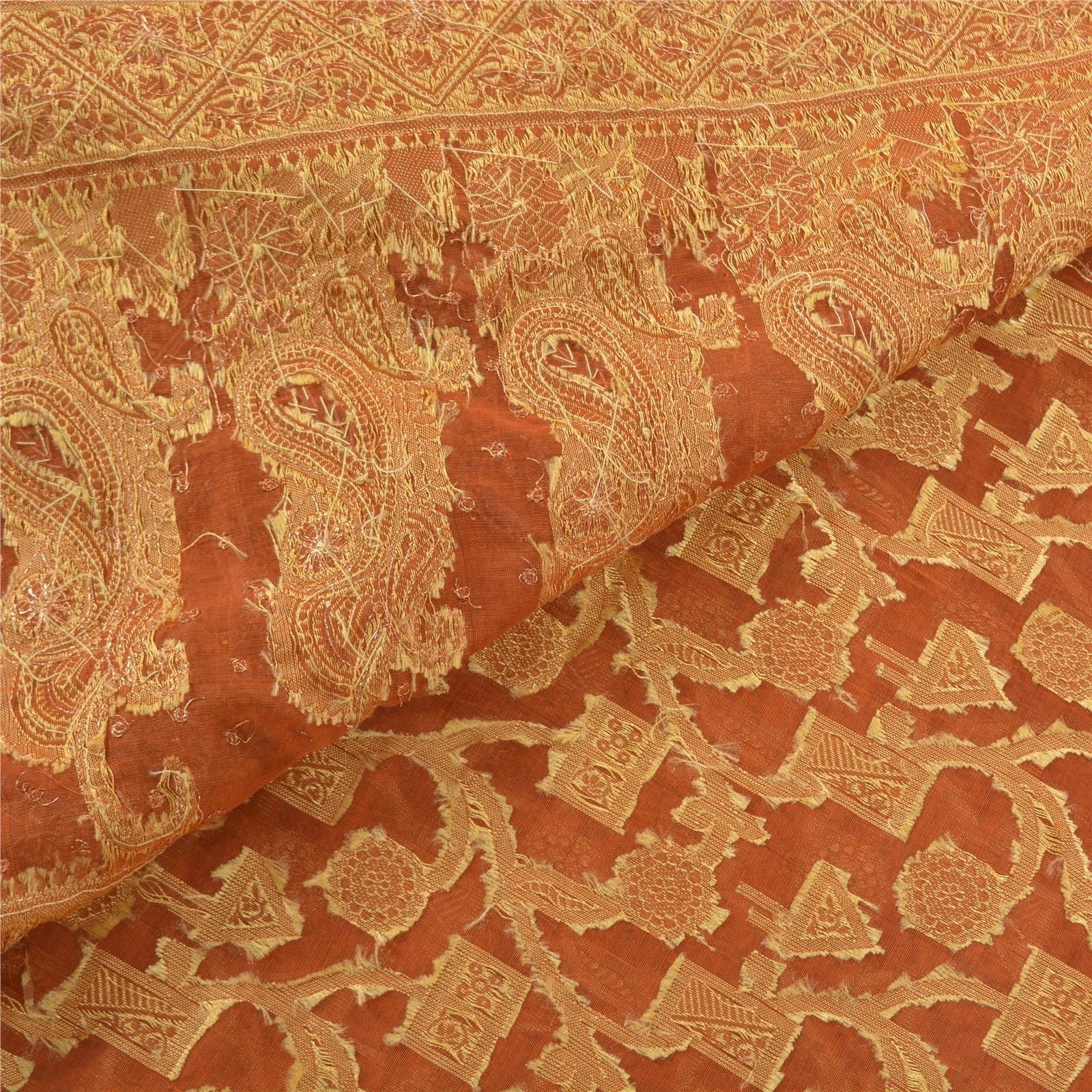 Sanskriti Vintage Orange Sarees Organza Hand Beaded Woven Ethnic Sari Fabric, PS-57396-Orange-Beaded Work-Organza-3