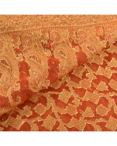 Sanskriti Vintage Orange Sarees Organza Hand Beaded Woven Ethnic Sari Fabric, PS-57396-Orange-Beaded Work-Organza-3