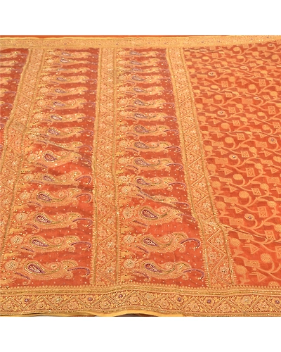 Sanskriti Vintage Orange Sarees Organza Hand Beaded Woven Ethnic Sari Fabric, PS-57396-Orange-Beaded Work-Organza-4