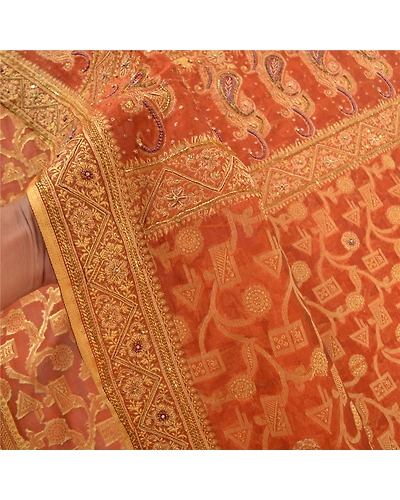 Sanskriti Vintage Orange Sarees Organza Hand Beaded Woven Ethnic Sari Fabric, PS-57396-Orange-Beaded Work-Organza-5