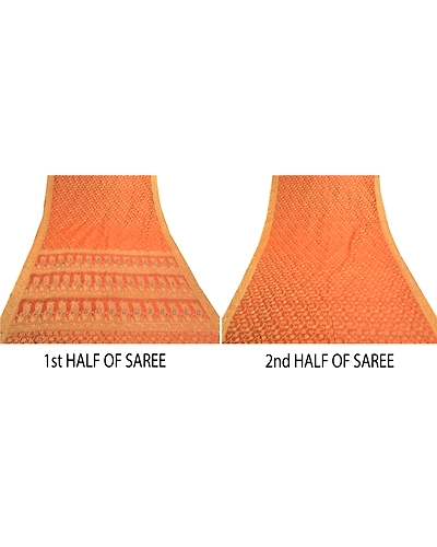 Sanskriti Vintage Orange Sarees Organza Hand Beaded Woven Ethnic Sari Fabric, PS-57396-Orange-Beaded Work-Organza-6