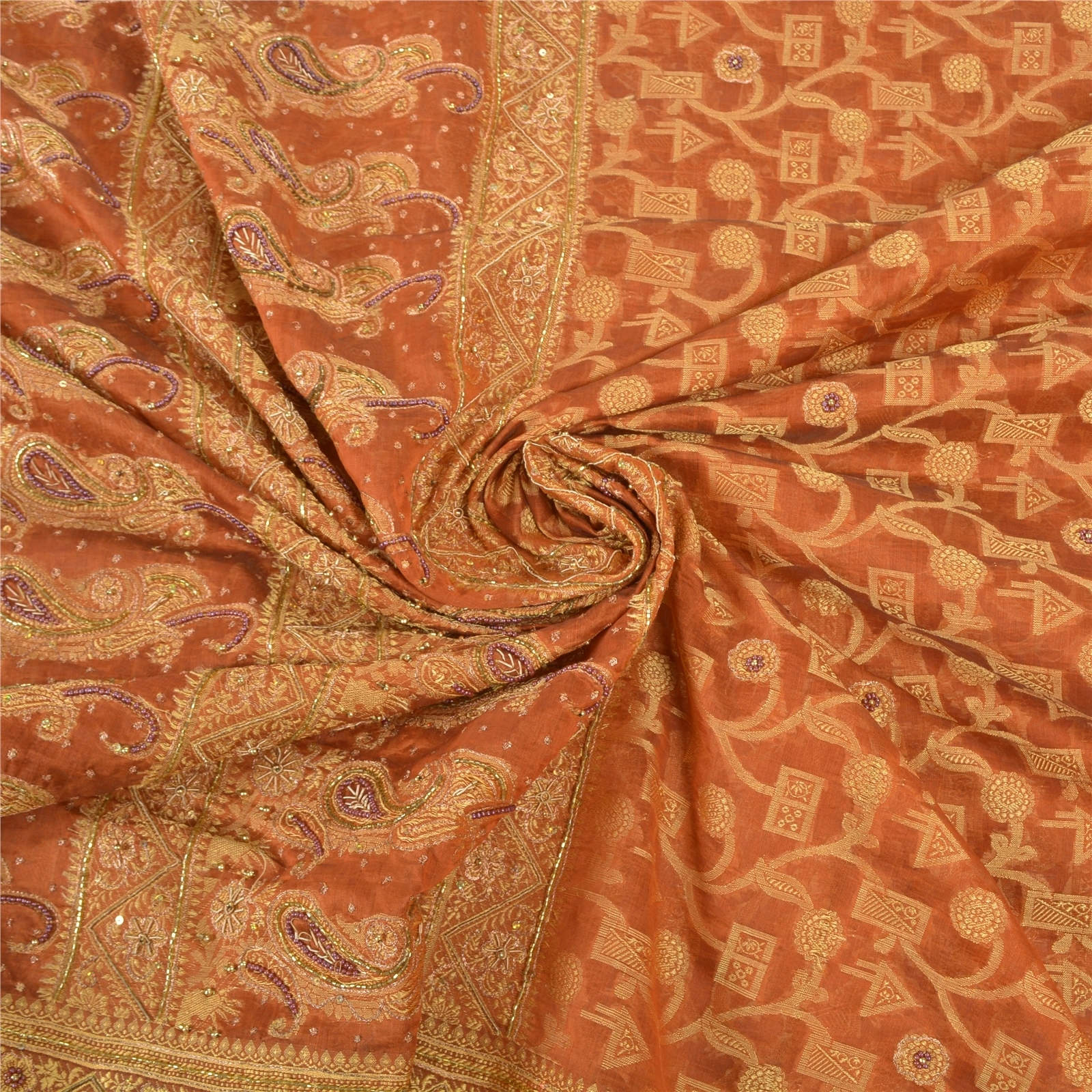 Sanskriti Vintage Orange Sarees Organza Hand Beaded Woven Ethnic Sari Fabric, PS-57396-Orange-Beaded Work-Organza-7