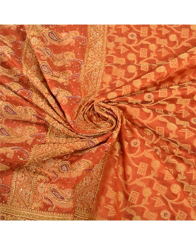 Sanskriti Vintage Orange Sarees Organza Hand Beaded Woven Ethnic Sari Fabric, PS-57396-Orange-Beaded Work-Organza-7