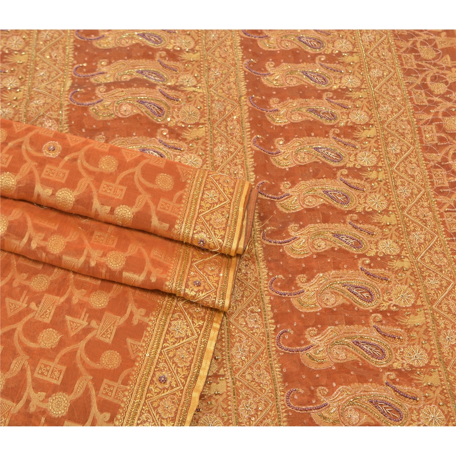 Sanskriti Vintage Orange Sarees Organza Hand Beaded Woven Ethnic Sari Fabric, PS-57396-Orange-Beaded Work-Organza-8