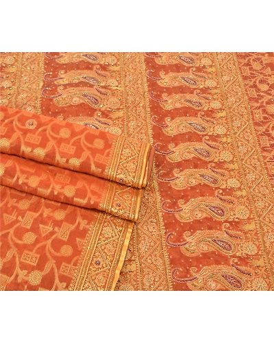 Sanskriti Vintage Orange Sarees Organza Hand Beaded Woven Ethnic Sari Fabric, PS-57396-Orange-Beaded Work-Organza-8