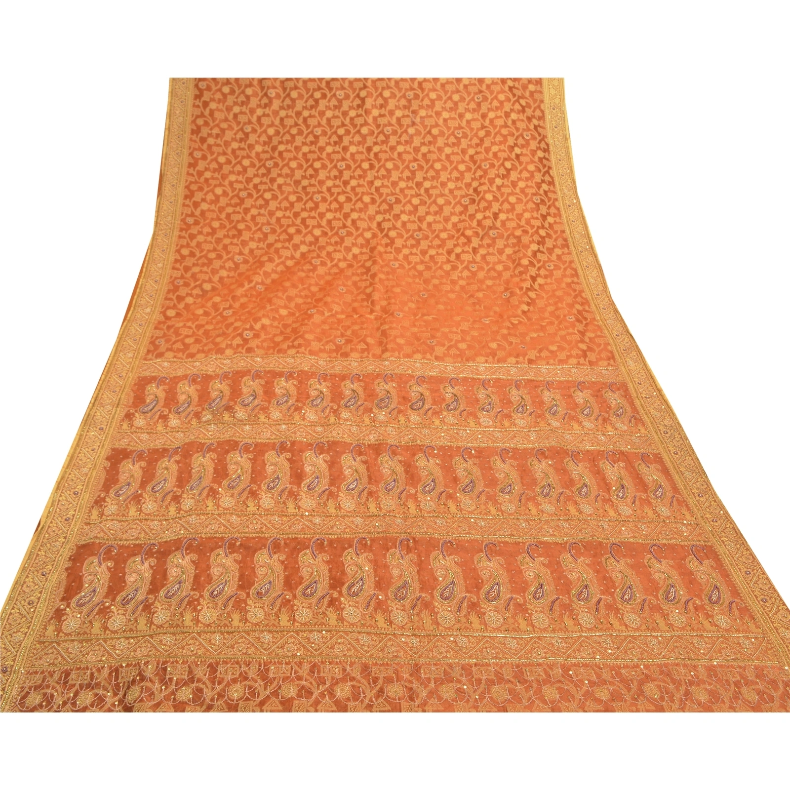 Sanskriti Vintage Orange Sarees Organza Hand Beaded Woven Ethnic Sari Fabric, PS-57396-Orange-Beaded Work-Organza-9