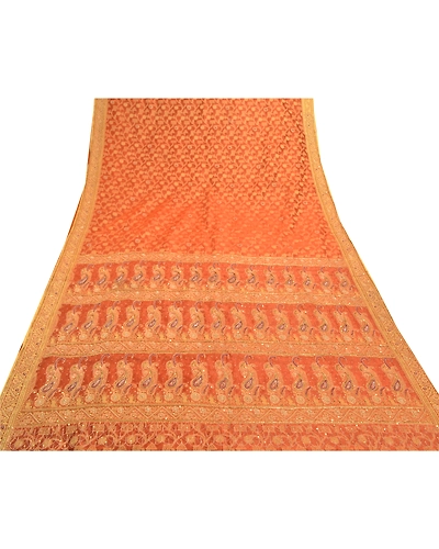 Sanskriti Vintage Orange Sarees Organza Hand Beaded Woven Ethnic Sari Fabric, PS-57396-Orange-Beaded Work-Organza-9