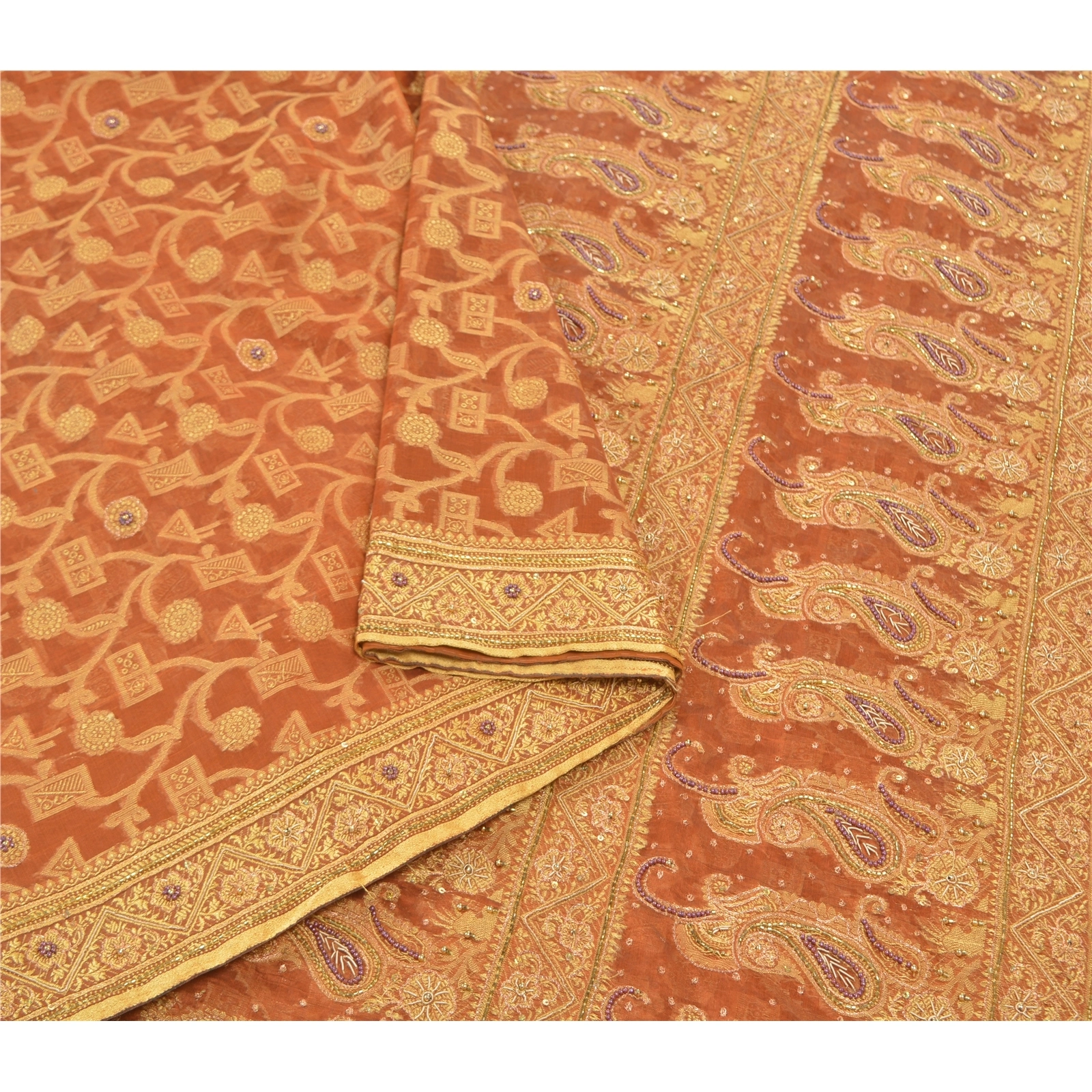 Sanskriti Vintage Orange Sarees Organza Hand Beaded Woven Ethnic Sari Fabric, PS-57396-Orange-Beaded Work-Organza-10