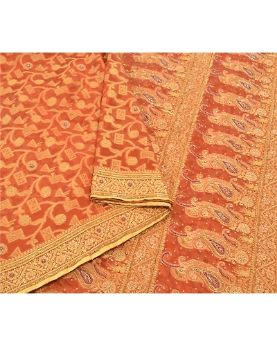 Sanskriti Vintage Orange Sarees Organza Hand Beaded Woven Ethnic Sari Fabric, PS-57396-Orange-Beaded Work-Organza-10