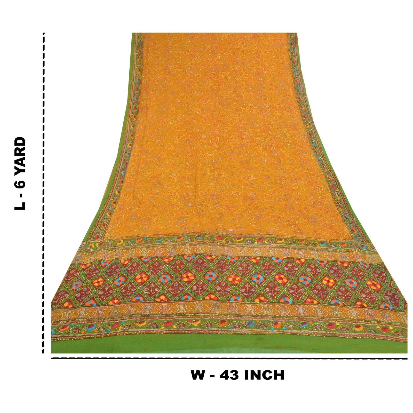 Sanskriti Vintage Sarees Pure Georgette Silk Hand Beaded Kantha Sari Fabric, PS-57399-Saffron &amp; Green-Thread Work-100% Pure Georgette Silk-1