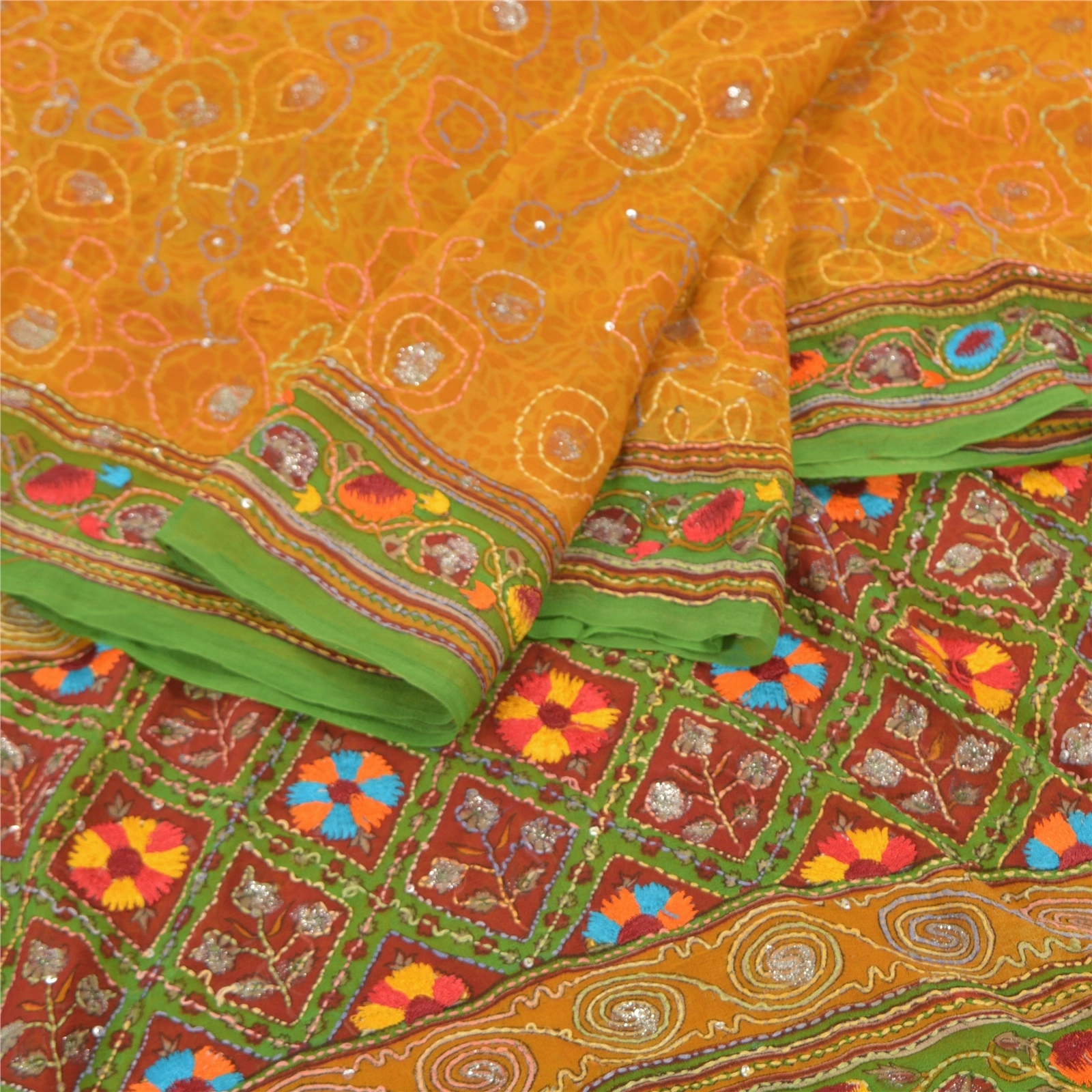 Sanskriti Vintage Sarees Pure Georgette Silk Hand Beaded Kantha Sari Fabric, PS-57399-Saffron &amp; Green-Thread Work-100% Pure Georgette Silk-2