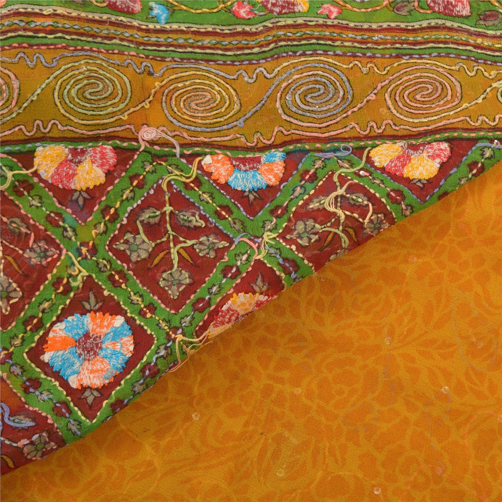 Sanskriti Vintage Sarees Pure Georgette Silk Hand Beaded Kantha Sari Fabric, PS-57399-Saffron &amp; Green-Thread Work-100% Pure Georgette Silk-3