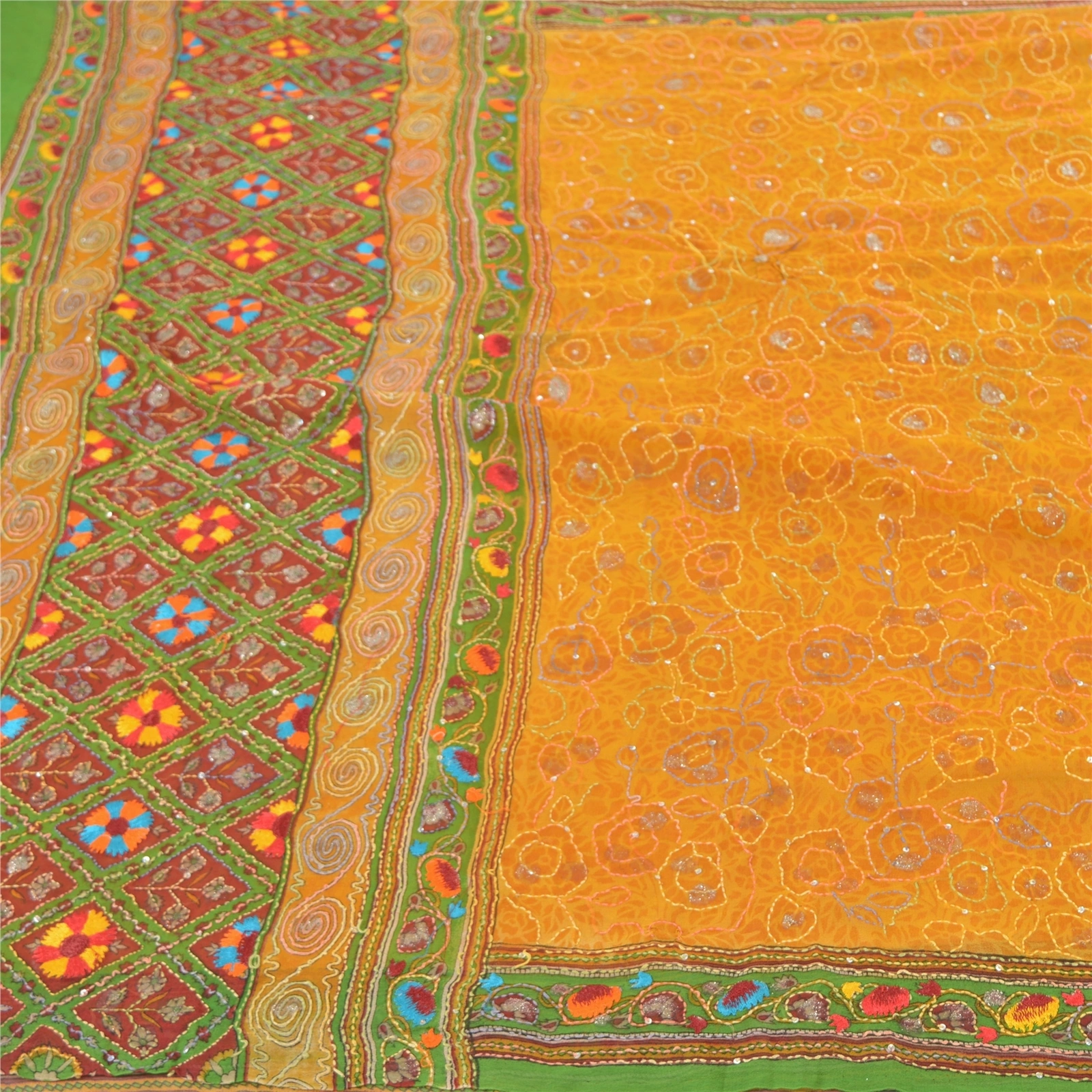 Sanskriti Vintage Sarees Pure Georgette Silk Hand Beaded Kantha Sari Fabric, PS-57399-Saffron &amp; Green-Thread Work-100% Pure Georgette Silk-4