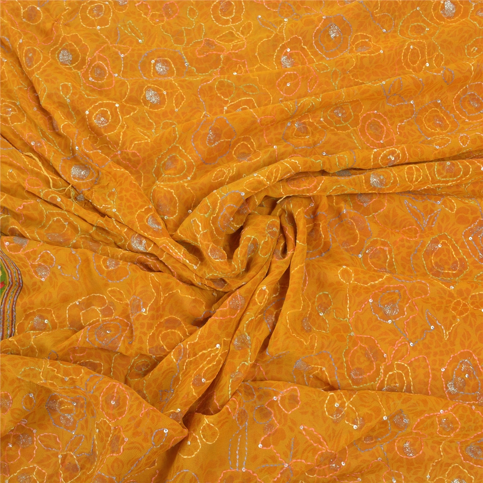 Sanskriti Vintage Sarees Pure Georgette Silk Hand Beaded Kantha Sari Fabric, PS-57399-Saffron &amp; Green-Thread Work-100% Pure Georgette Silk-7