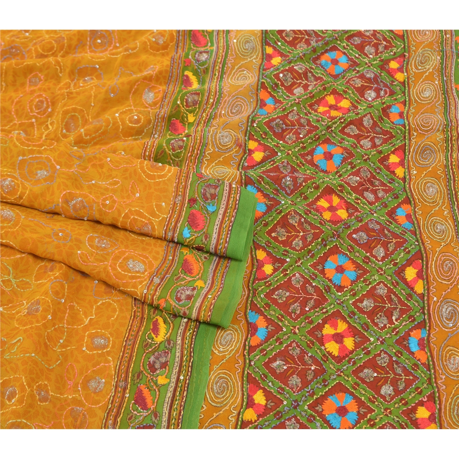 Sanskriti Vintage Sarees Pure Georgette Silk Hand Beaded Kantha Sari Fabric, PS-57399-Saffron &amp; Green-Thread Work-100% Pure Georgette Silk-8