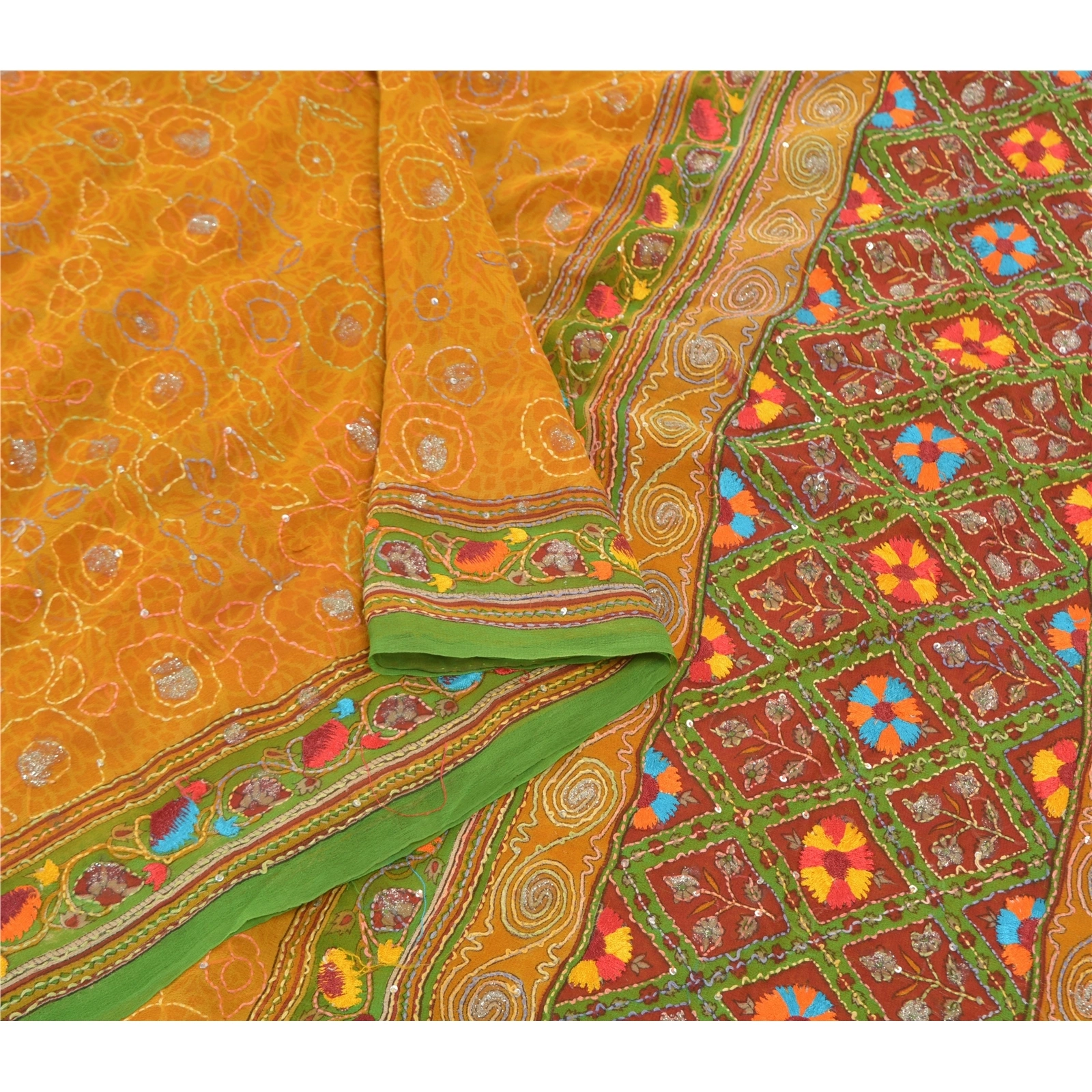 Sanskriti Vintage Sarees Pure Georgette Silk Hand Beaded Kantha Sari Fabric, PS-57399-Saffron &amp; Green-Thread Work-100% Pure Georgette Silk-10