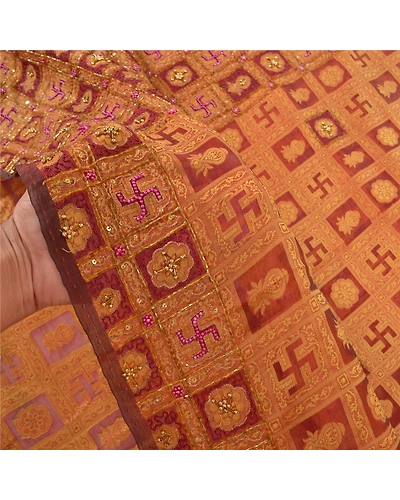 Sanskriti Vintage Sarees Pure Organza Silk Hand Beaded Woven Ethnic Sari Fabric, PS-57401-Dark Red-Beaded Work-100% Pure Organza Silk-4