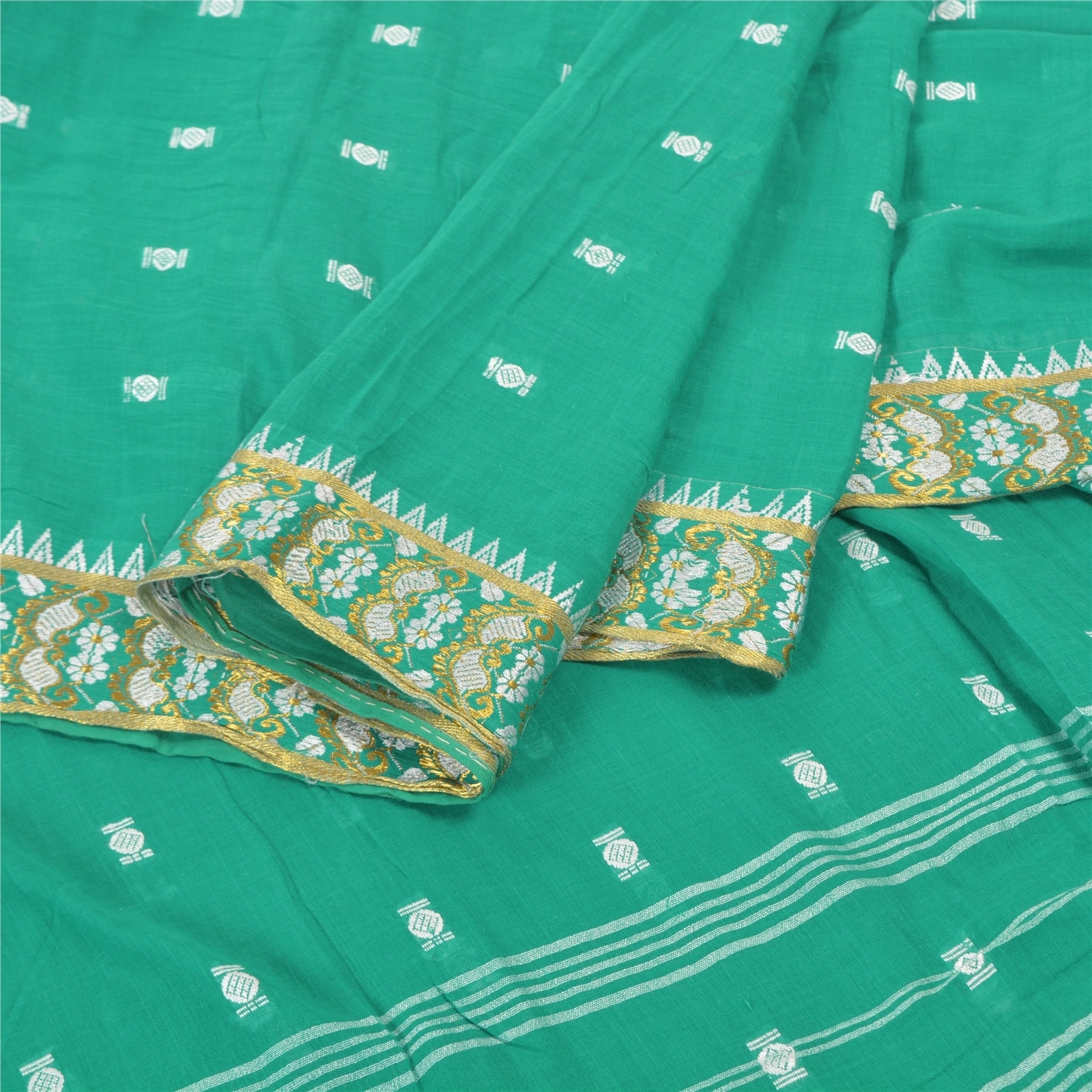 Sanskriti Vintage Green Sari 100% Pure Cotton Bengali Woven Tant Sarees Fabric, PS-57405-Green-Hand Woven Work-100% Pure Cotton-2