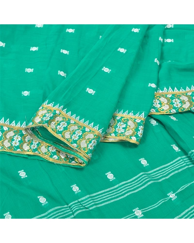 Sanskriti Vintage Green Sari 100% Pure Cotton Bengali Woven Tant Sarees Fabric, PS-57405-Green-Hand Woven Work-100% Pure Cotton-2