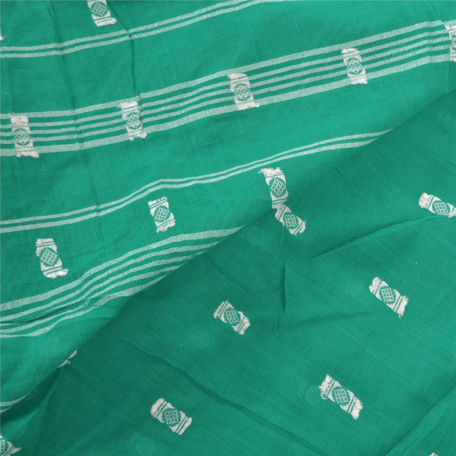 Sanskriti Vintage Green Sari 100% Pure Cotton Bengali Woven Tant Sarees Fabric, PS-57405-Green-Hand Woven Work-100% Pure Cotton-3