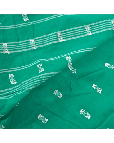 Sanskriti Vintage Green Sari 100% Pure Cotton Bengali Woven Tant Sarees Fabric, PS-57405-Green-Hand Woven Work-100% Pure Cotton-3