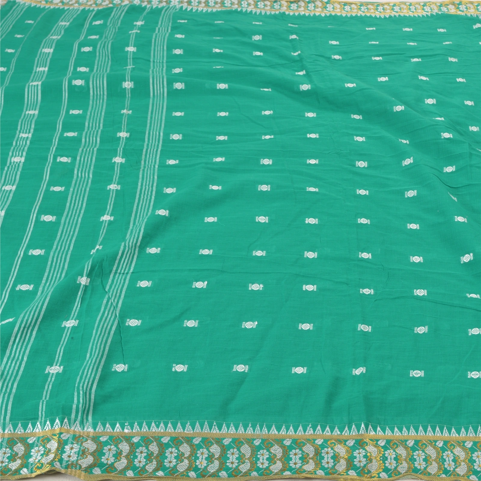 Sanskriti Vintage Green Sari 100% Pure Cotton Bengali Woven Tant Sarees Fabric, PS-57405-Green-Hand Woven Work-100% Pure Cotton-4