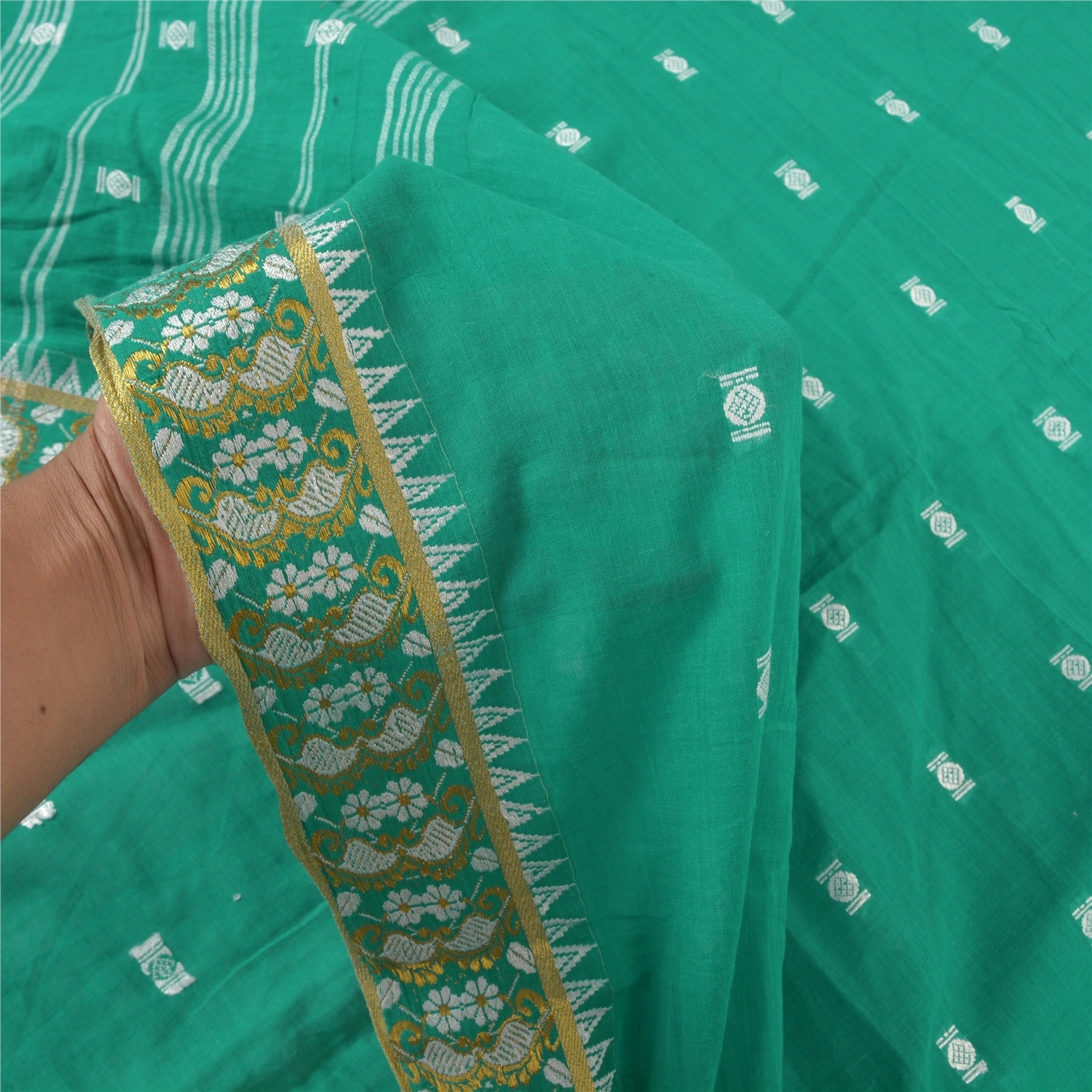 Sanskriti Vintage Green Sari 100% Pure Cotton Bengali Woven Tant Sarees Fabric, PS-57405-Green-Hand Woven Work-100% Pure Cotton-5