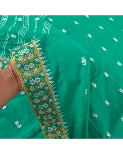 Sanskriti Vintage Green Sari 100% Pure Cotton Bengali Woven Tant Sarees Fabric, PS-57405-Green-Hand Woven Work-100% Pure Cotton-5