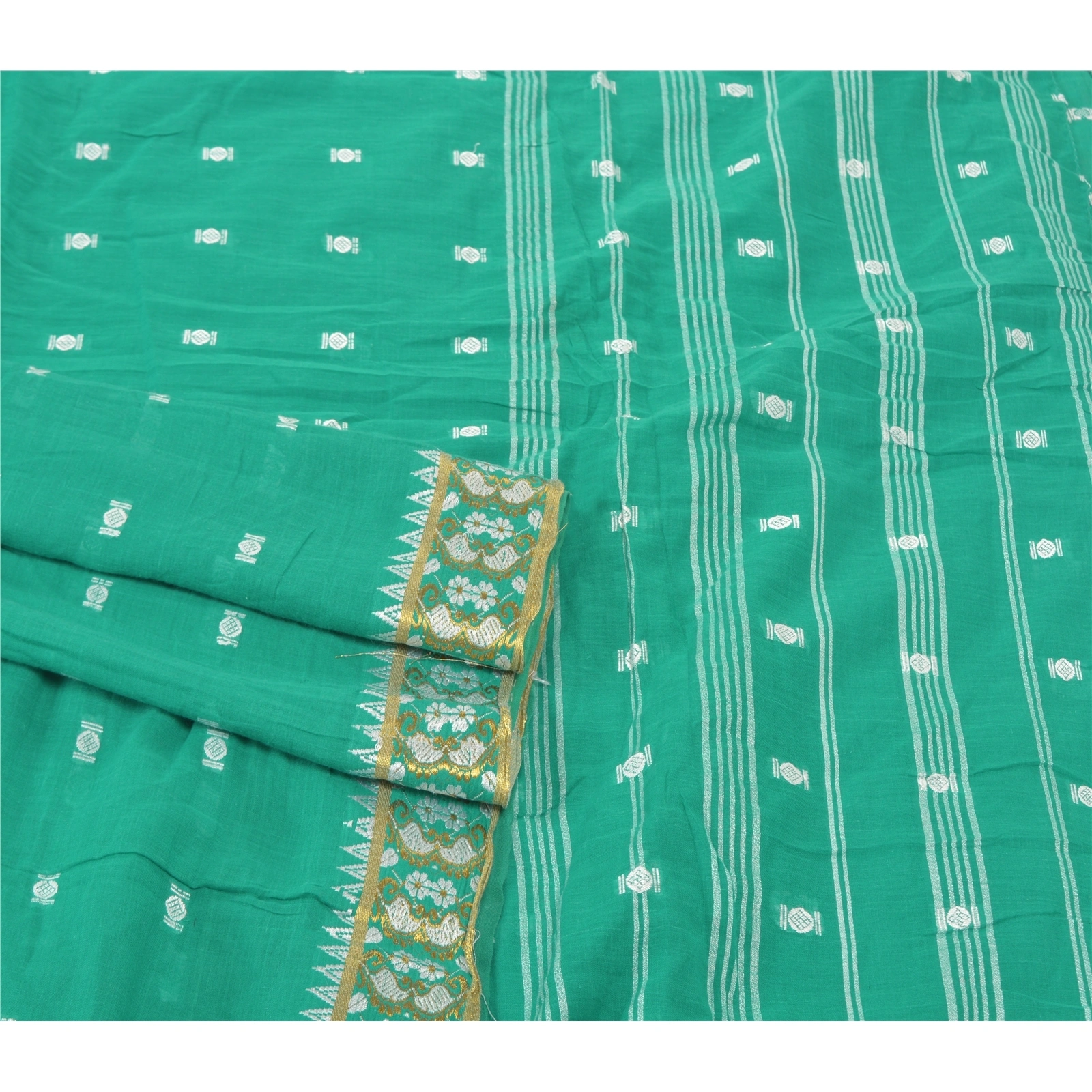 Sanskriti Vintage Green Sari 100% Pure Cotton Bengali Woven Tant Sarees Fabric, PS-57405-Green-Hand Woven Work-100% Pure Cotton-8