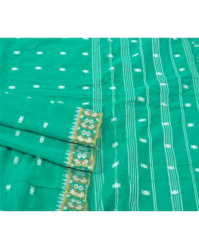 Sanskriti Vintage Green Sari 100% Pure Cotton Bengali Woven Tant Sarees Fabric, PS-57405-Green-Hand Woven Work-100% Pure Cotton-8