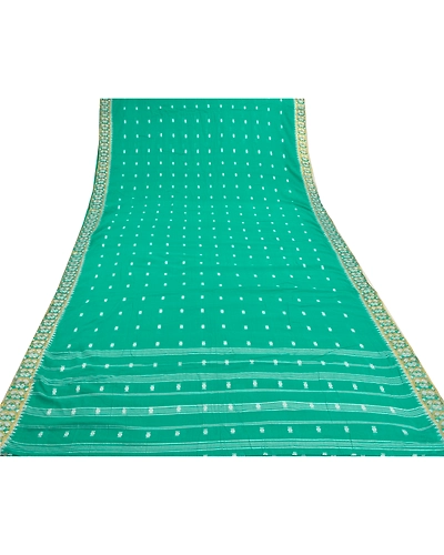 Sanskriti Vintage Green Sari 100% Pure Cotton Bengali Woven Tant Sarees Fabric, PS-57405-Green-Hand Woven Work-100% Pure Cotton-9