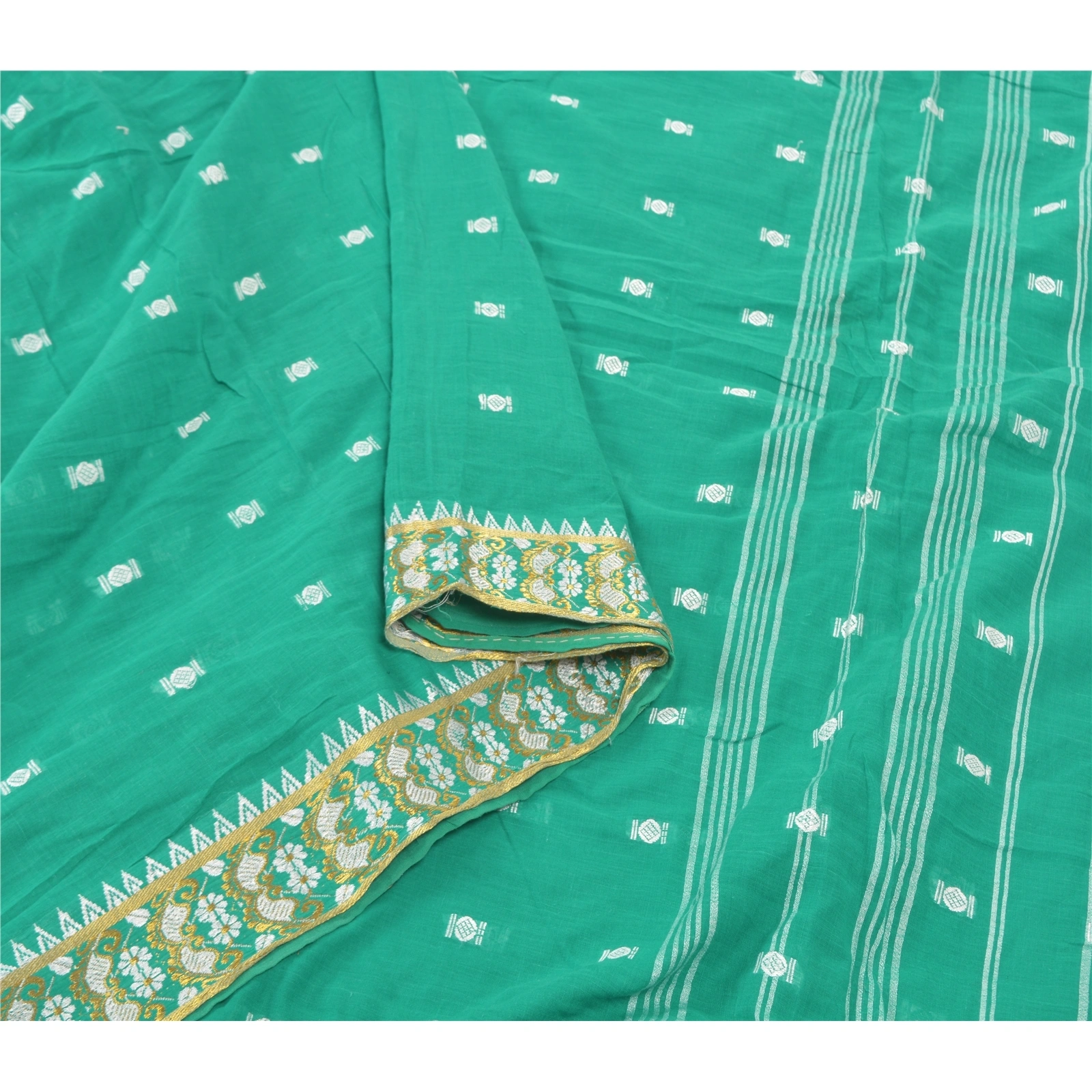 Sanskriti Vintage Green Sari 100% Pure Cotton Bengali Woven Tant Sarees Fabric, PS-57405-Green-Hand Woven Work-100% Pure Cotton-10