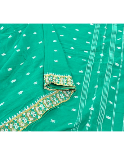 Sanskriti Vintage Green Sari 100% Pure Cotton Bengali Woven Tant Sarees Fabric, PS-57405-Green-Hand Woven Work-100% Pure Cotton-10