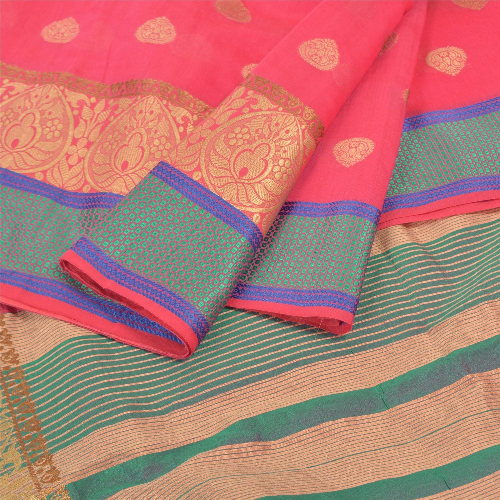 Sanskriti Vintage Pink Sarees Art Silk Hand-Woven Premium Indian Sari Fabric, PS-57408-Pink &amp; Green-Hand Woven Work-Art (Artificial) Silk-2