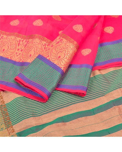 Sanskriti Vintage Pink Sarees Art Silk Hand-Woven Premium Indian Sari Fabric, PS-57408-Pink &amp; Green-Hand Woven Work-Art (Artificial) Silk-2