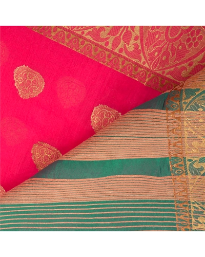 Sanskriti Vintage Pink Sarees Art Silk Hand-Woven Premium Indian Sari Fabric, PS-57408-Pink &amp; Green-Hand Woven Work-Art (Artificial) Silk-3