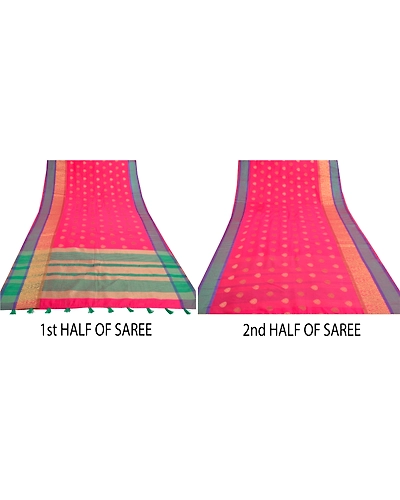 Sanskriti Vintage Pink Sarees Art Silk Hand-Woven Premium Indian Sari Fabric, PS-57408-Pink &amp; Green-Hand Woven Work-Art (Artificial) Silk-6
