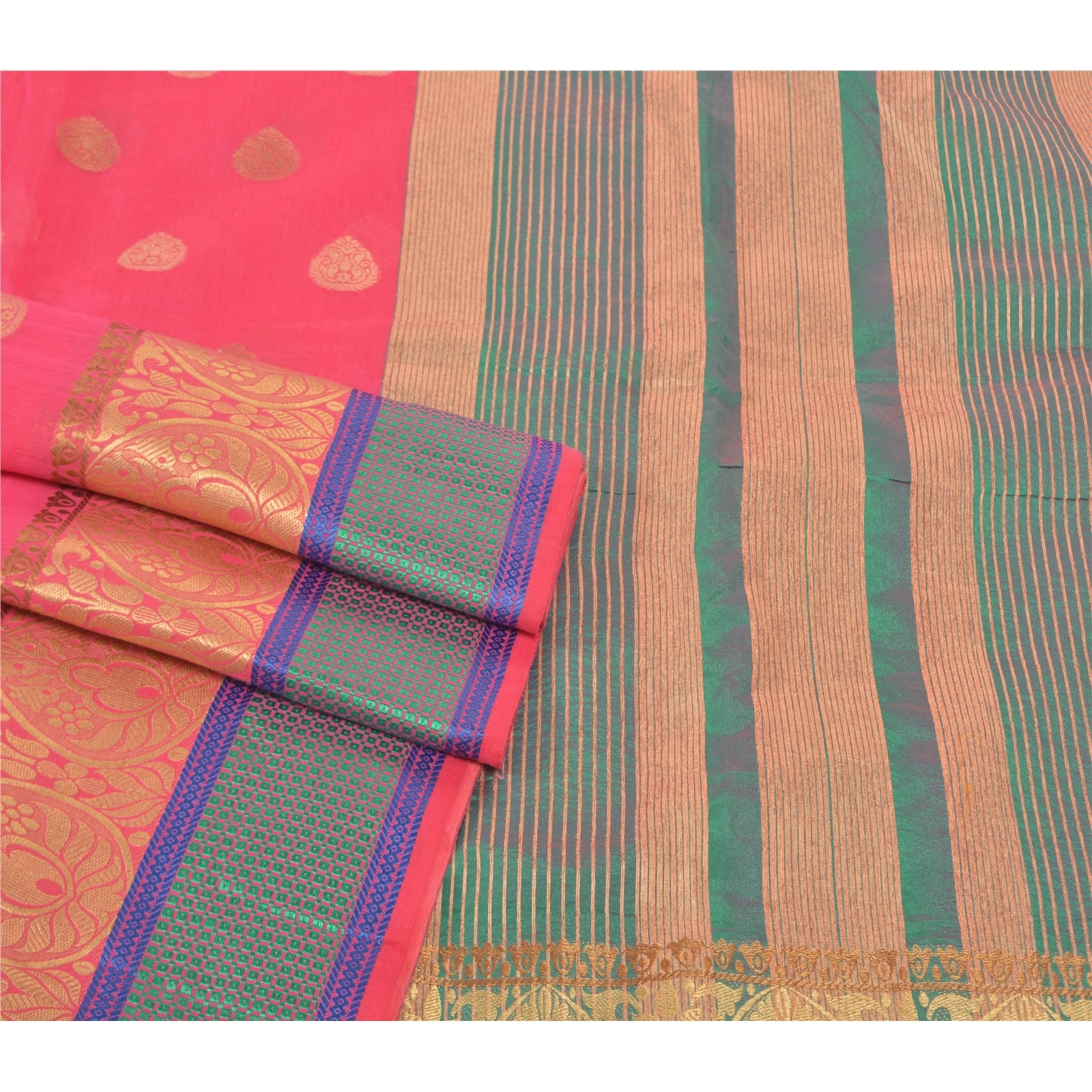 Sanskriti Vintage Pink Sarees Art Silk Hand-Woven Premium Indian Sari Fabric, PS-57408-Pink &amp; Green-Hand Woven Work-Art (Artificial) Silk-8