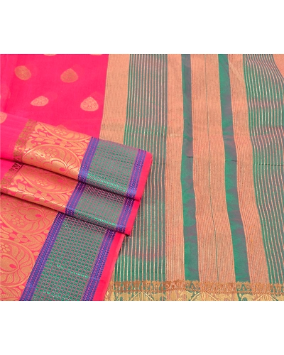 Sanskriti Vintage Pink Sarees Art Silk Hand-Woven Premium Indian Sari Fabric, PS-57408-Pink &amp; Green-Hand Woven Work-Art (Artificial) Silk-8