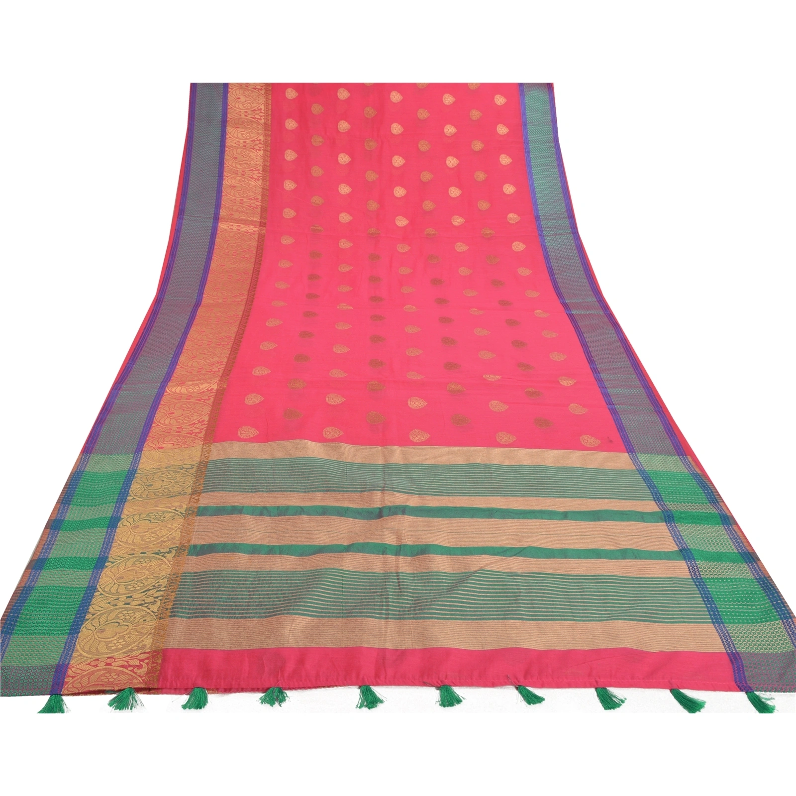 Sanskriti Vintage Pink Sarees Art Silk Hand-Woven Premium Indian Sari Fabric, PS-57408-Pink &amp; Green-Hand Woven Work-Art (Artificial) Silk-9