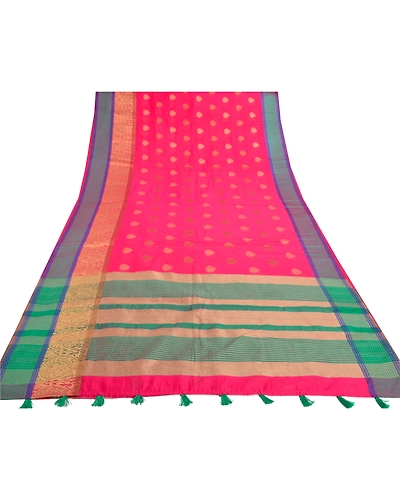 Sanskriti Vintage Pink Sarees Art Silk Hand-Woven Premium Indian Sari Fabric, PS-57408-Pink &amp; Green-Hand Woven Work-Art (Artificial) Silk-9
