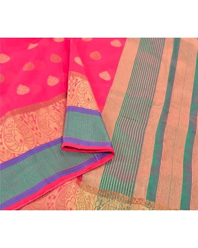 Sanskriti Vintage Pink Sarees Art Silk Hand-Woven Premium Indian Sari Fabric, PS-57408-Pink &amp; Green-Hand Woven Work-Art (Artificial) Silk-10