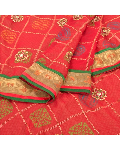 Sanskriti Vintage Saree Pure Georgette Silk Bandhani Print Sari Ethnic Fabric, PS-57439-Dark Red-Bandani Printed Work-100% Pure Georgette Silk-2
