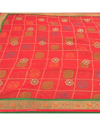 Sanskriti Vintage Saree Pure Georgette Silk Bandhani Print Sari Ethnic Fabric, PS-57439-Dark Red-Bandani Printed Work-100% Pure Georgette Silk-4