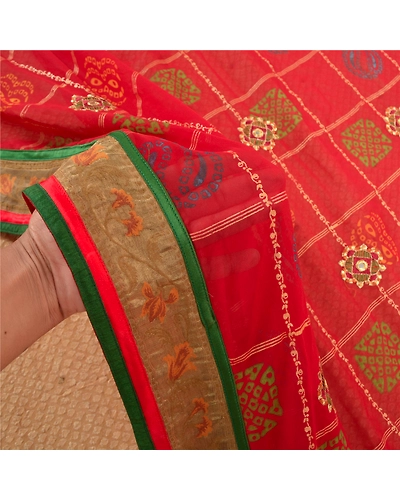 Sanskriti Vintage Saree Pure Georgette Silk Bandhani Print Sari Ethnic Fabric, PS-57439-Dark Red-Bandani Printed Work-100% Pure Georgette Silk-5