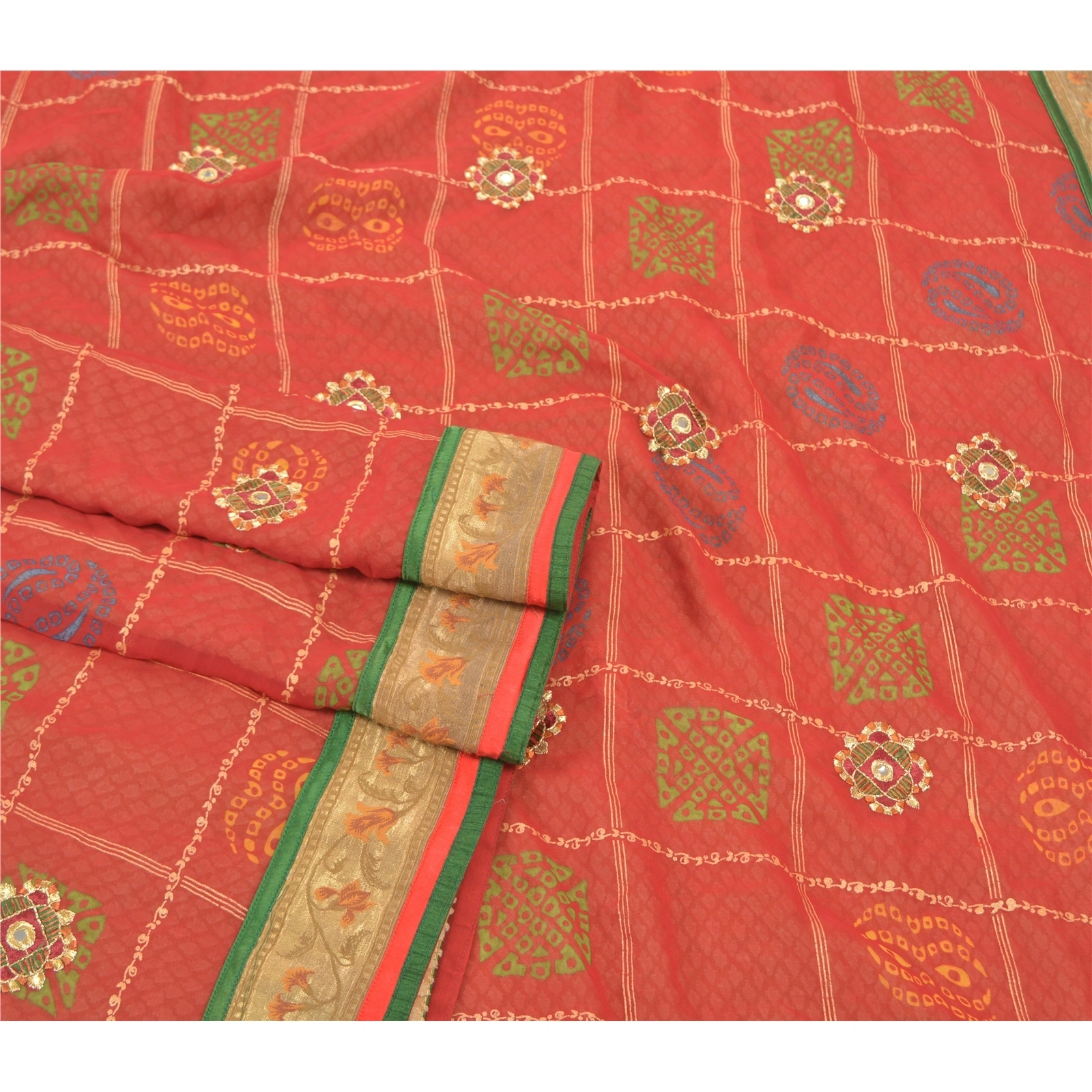 Sanskriti Vintage Saree Pure Georgette Silk Bandhani Print Sari Ethnic Fabric, PS-57439-Dark Red-Bandani Printed Work-100% Pure Georgette Silk-8