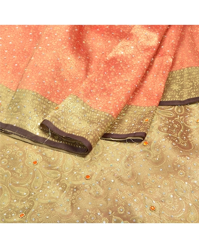 Sanskriti Vintage Red Sarees Art Silk Hand Beaded Woven Sari Premium Fabric, PS-57460-Shade Of Golden &amp; Red-Rhinestone Work-Art (Artificial) Silk-2
